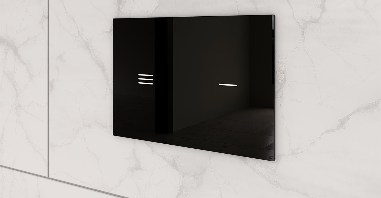 Photo de la collection Symfo, plaque de commande en verre noire avec double chasse sur mur carrelé effet marbre blanc